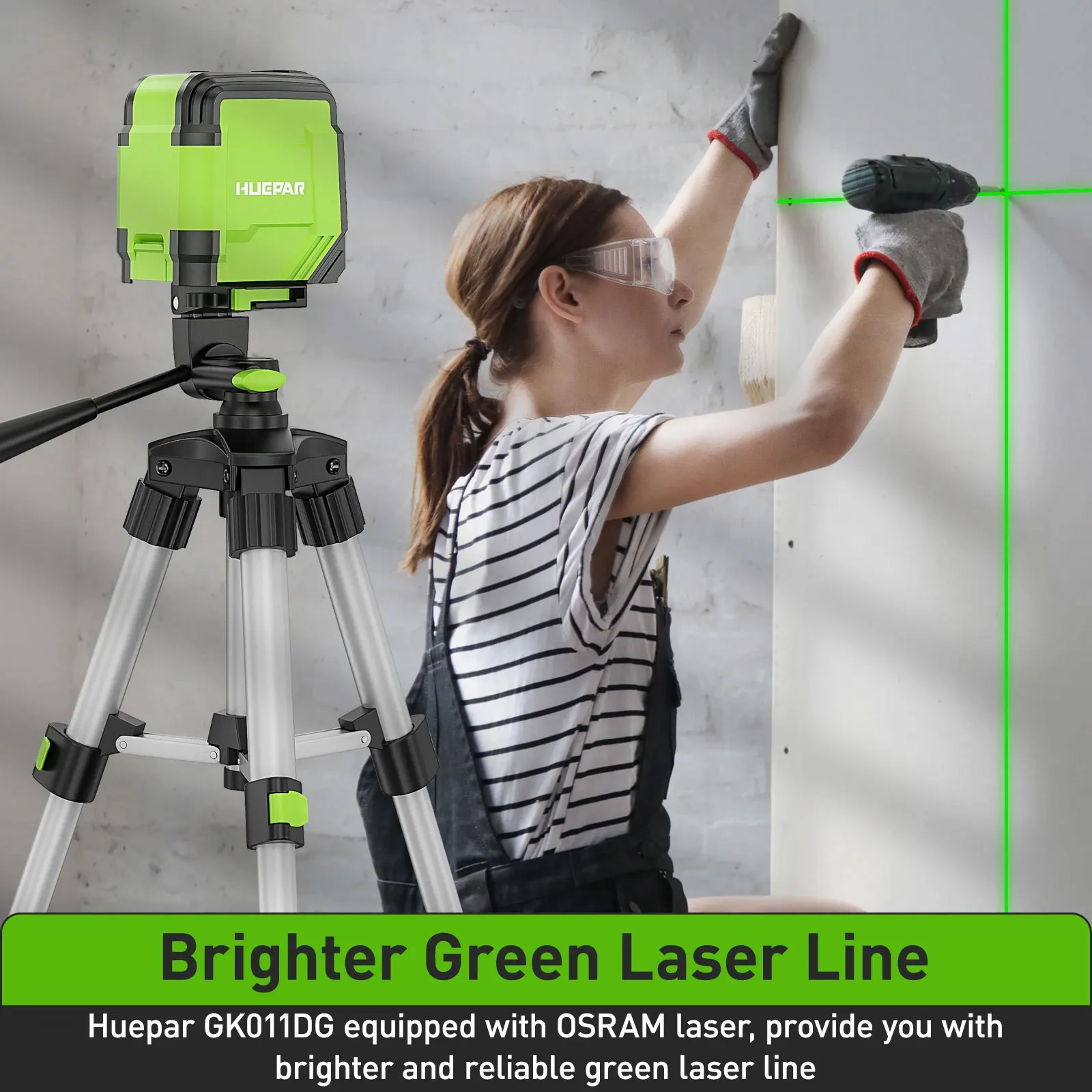 Huepar 2 Lines Cross Line Laser Level Self-Leveling Horizontal & Vertical Level Germany Osram Green Beam With Tripod & Bracket