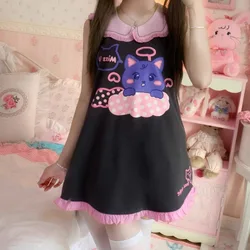 Japanese Cartoon Cat Print Lolita Dress Women Y2k Aesthetic Ruffles Peter Pan Collar Dresses Harajuku Grunge Kawaii Robe Vestido