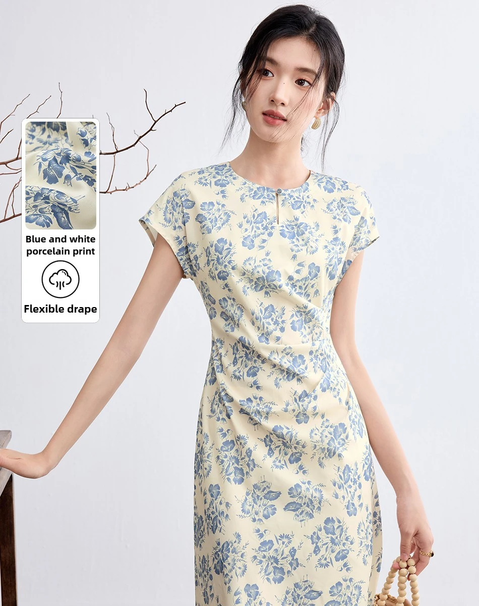 

SENTUBILA летнее женское платье на 2025 год в китайском стиле с абрикосовым принтом и круглым вырезом, повседневные элегантные платья миди, женская одежда Q52LB3448