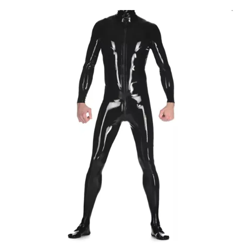 

Handmade Male Black Bodysuit Latex Rubber Catsuit with Front Zipper Socks Custom Made Jumpsuit Men Cosplay Costumes