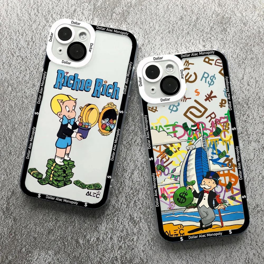

Trend Cartoon Dollar Alec Monopoly Phone Case For iPhone 13 12 11 14 15 16 Pro Max 14 15 16 PLUS Fashion Clear Soft tpu Cover