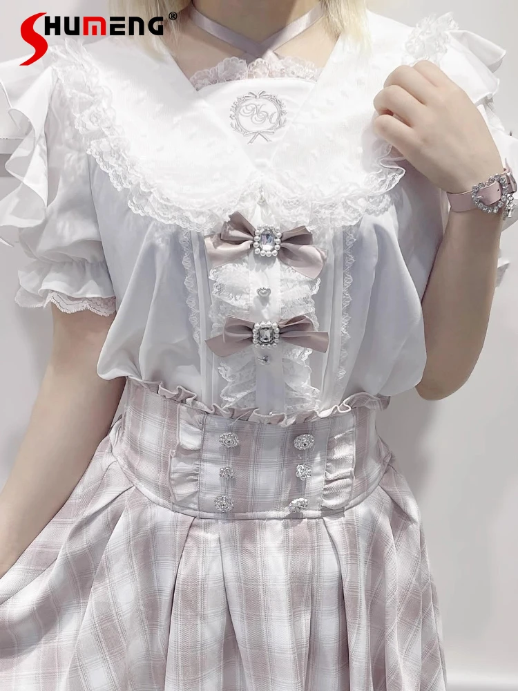 

Japanese Mine Style Mass Production Embroidered Lace Doll Collar Bow Off-shoulder Short Sleeve Sweet Lolita Shirts Tops Women