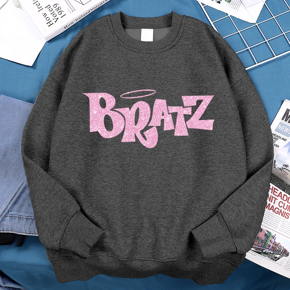 Pink Cartoon Letters Bratz Print Sweatshirts Mens Casual Fleece Clothes Creativity Warm Hoodie Autumn Loose Streetwear Pullover