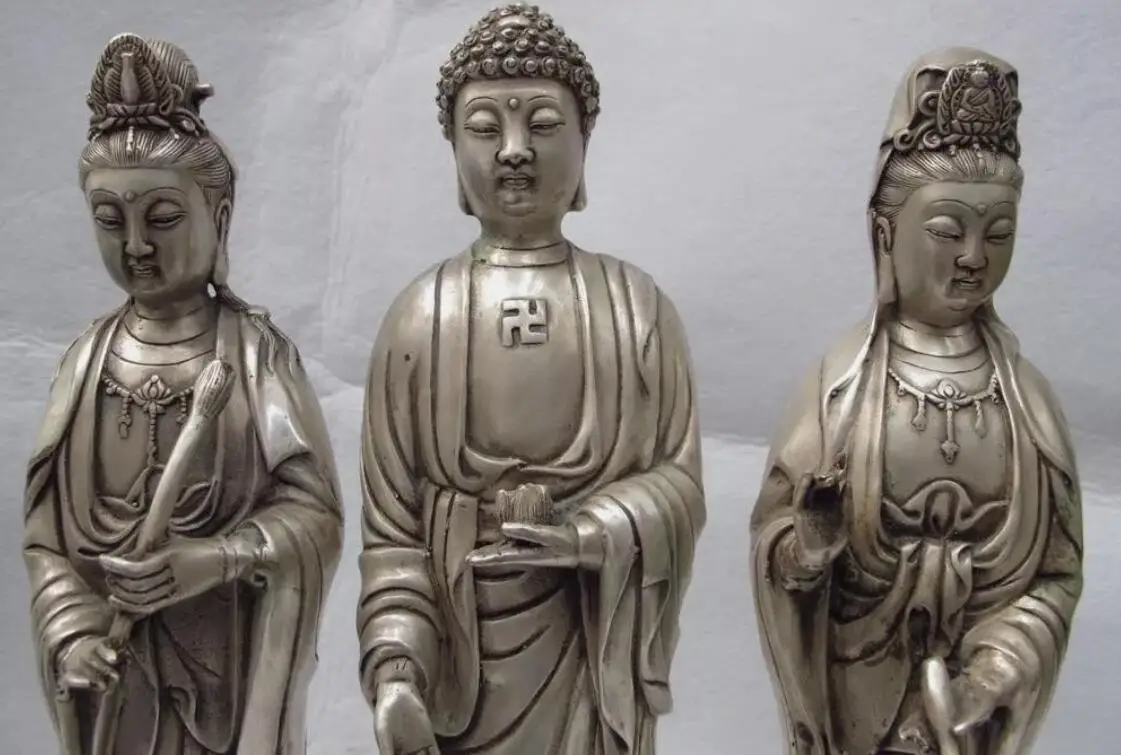 Tibet Buddhism Temple white Copper Bronze Silver Three Saints of the West Statue