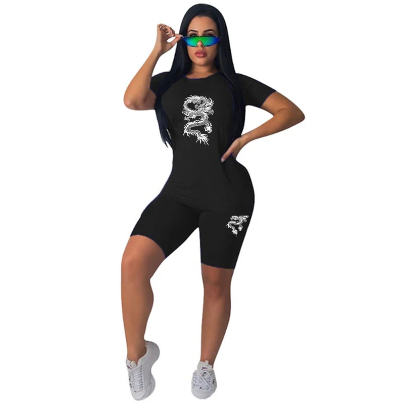 Dragon Pattern Women's Tight Short Sleeve Shorts 2024 New High Quality Workout Fitness Sportswear Two Piece Set For Women