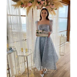 Cathy Mist Blue Prom Dresses Shiny Sequins Glitter A-line vestidos de fiesta Ankle-Length Elegant Long Sleeves فساتين السهرة