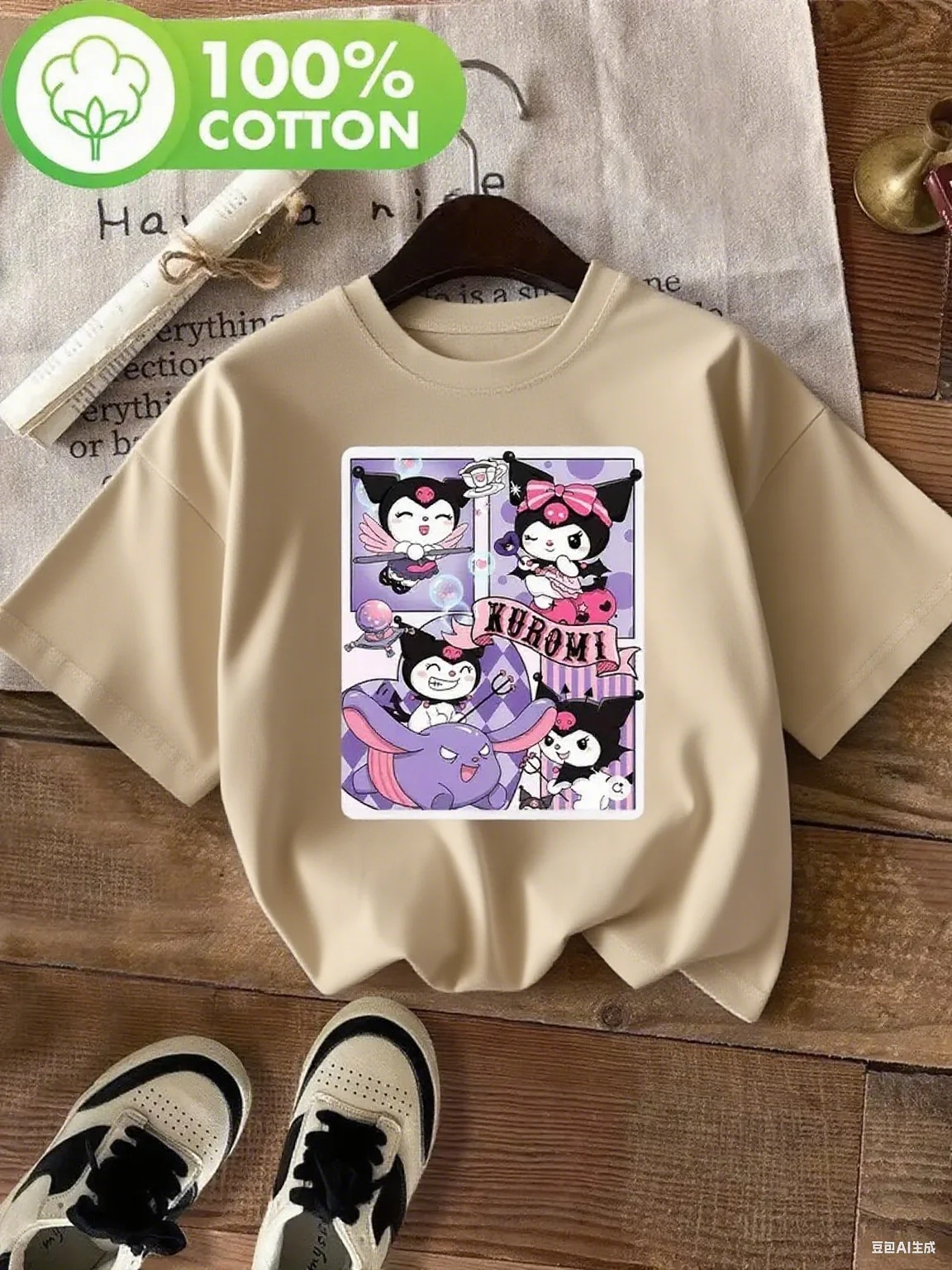 تي شيرت قطني مطبوع عليه رسوم كارتونية من Kuromi، نمط ممتع ومرح للمظهر اليومي، تي شيرت عصري مطبوع من القطن الخالص بأكمام قصيرة
