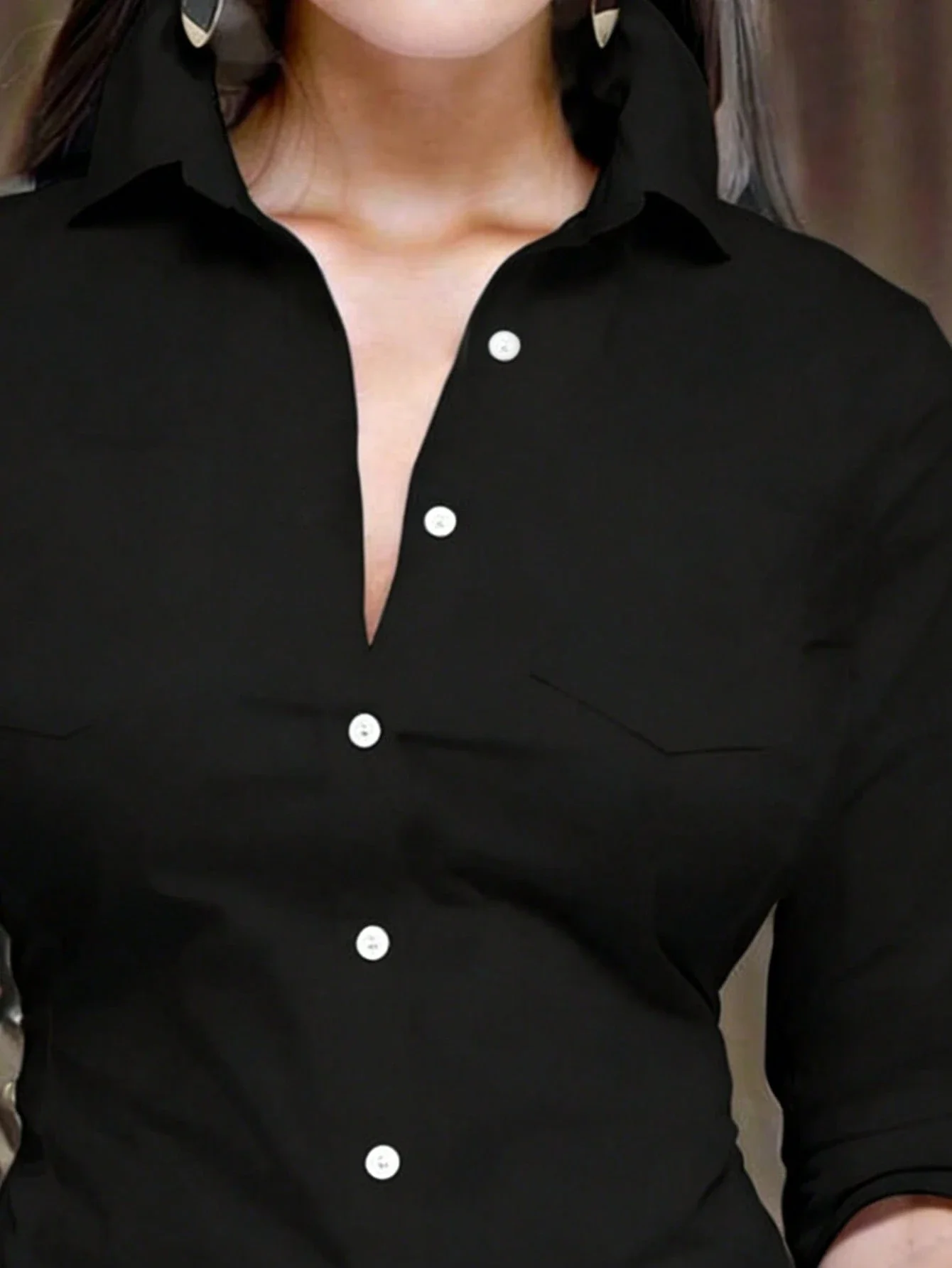 

Black Solid Button Down Long Sleeve Shirt For Women