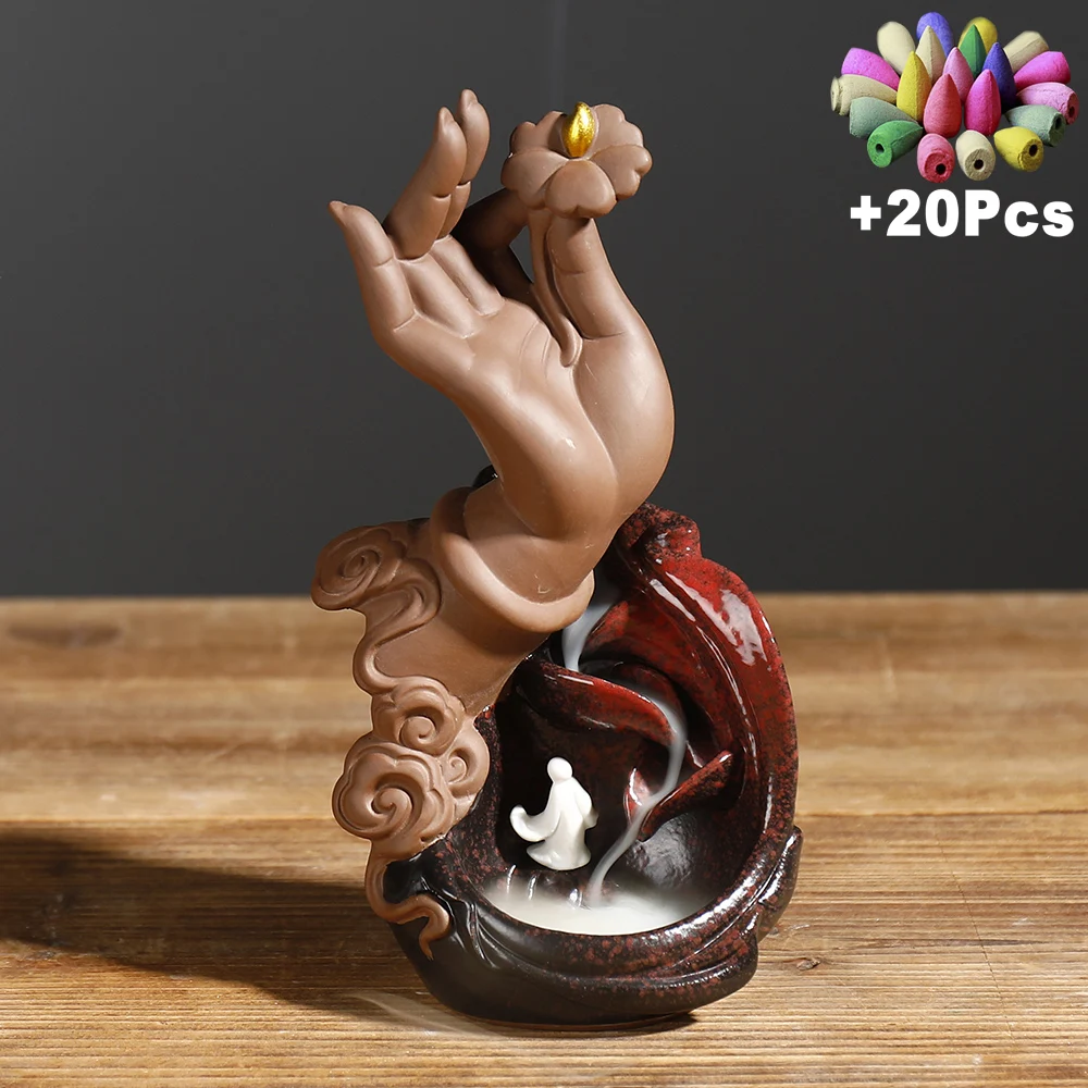 +20 Incense Zen Buddha Hand Backflow Diffuser Waterfall Censer Cones Holder Home Decor Set