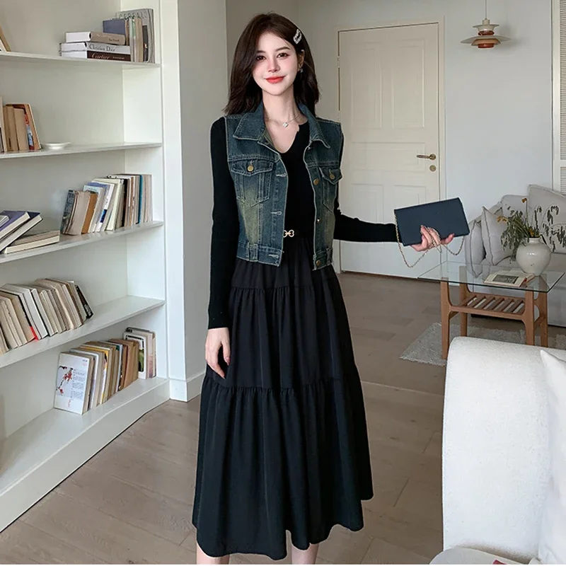 

Casual Outfits for Women 2023 Denim Waistcoat Long Sleeves Black Vacation Ladies Long Dress Slim Autumn Winter Y2k Clothes New