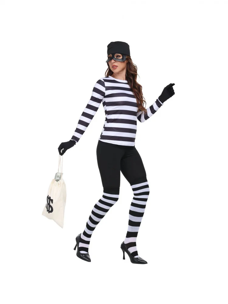 

Black White Stripes Long Sleeve T Shirt Women's Thief Stealer Stage Play Costume Traditional Chinese Ethnic Women's Clothing