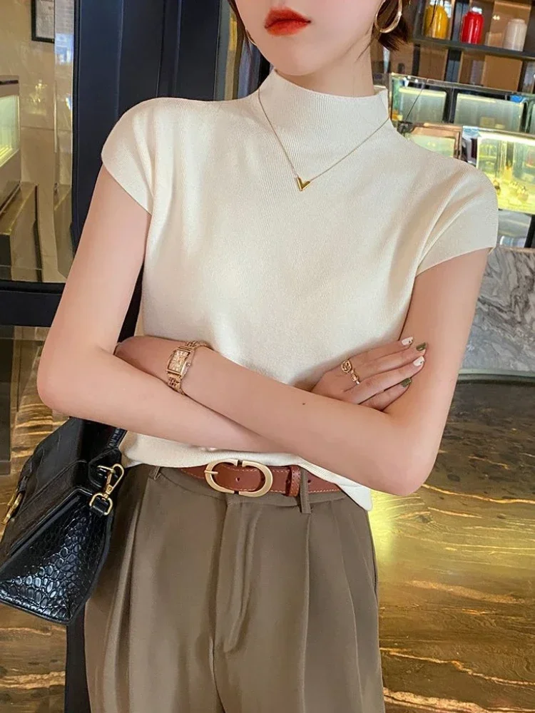 Fashion Women T Shirt Street Casual Knitted T-Shirt Crew Neck  Solid Top Tees Sexy Slim Summer Short Sleeve Women's Clothing