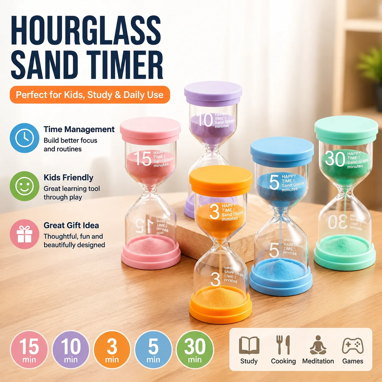 Hourglass Sand Timer 3/5/10/15/30 Minutes Plastic Glass Kids Toy Gift Home Decoration Sand Clock