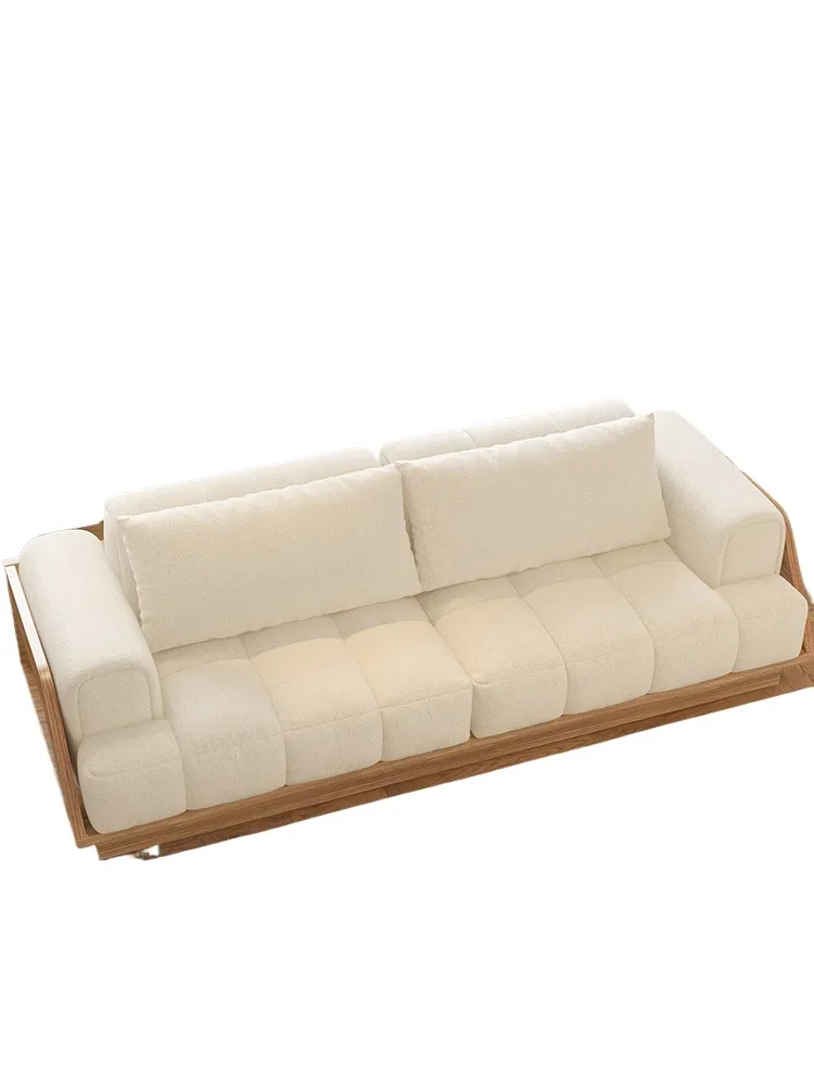 Cream style Nordic solid wood sofa art lamb wool marshmallow three-seater living room size apartment type