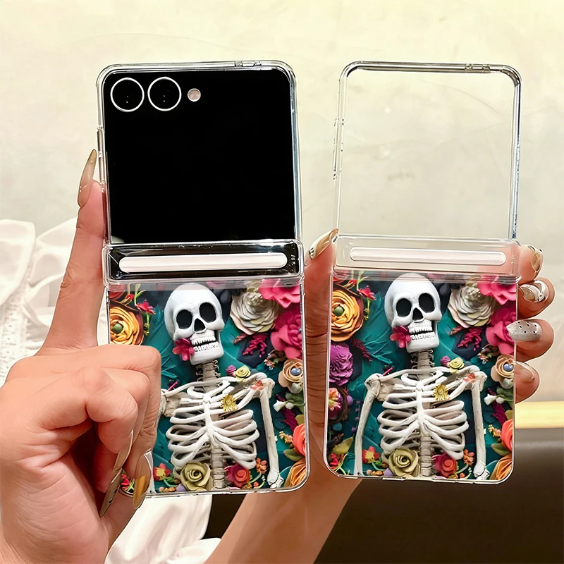 Creative Skull Print Magnetic Hinge Protector Case For Samsung Galaxy Z Flip 7 FE 6 5 Flip6 Flip7 5G Transparent Hard Back Cover
