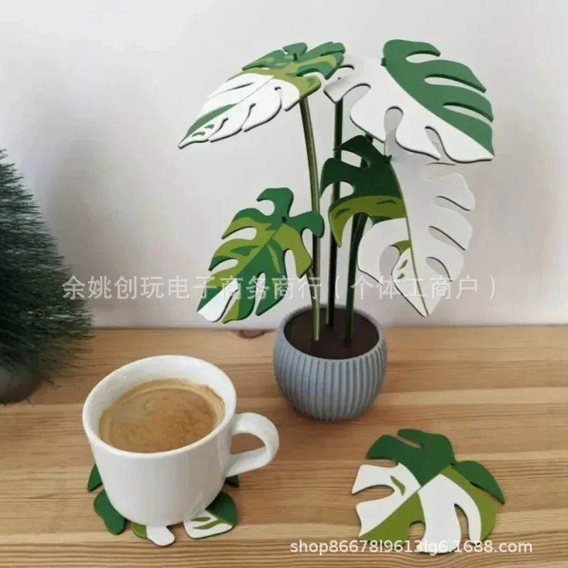 Fake Plant Coaster Split Leaf Printed Indoor Living Room Office Home Decoration Cup Mat White Green Dark Green Gift