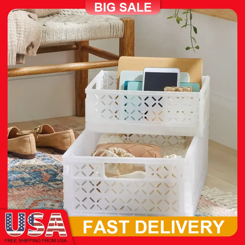 

Large Foldable Storage Crate White Stackable Organizer Bin Collapsible Plastic Container for Home Office Closet Organization