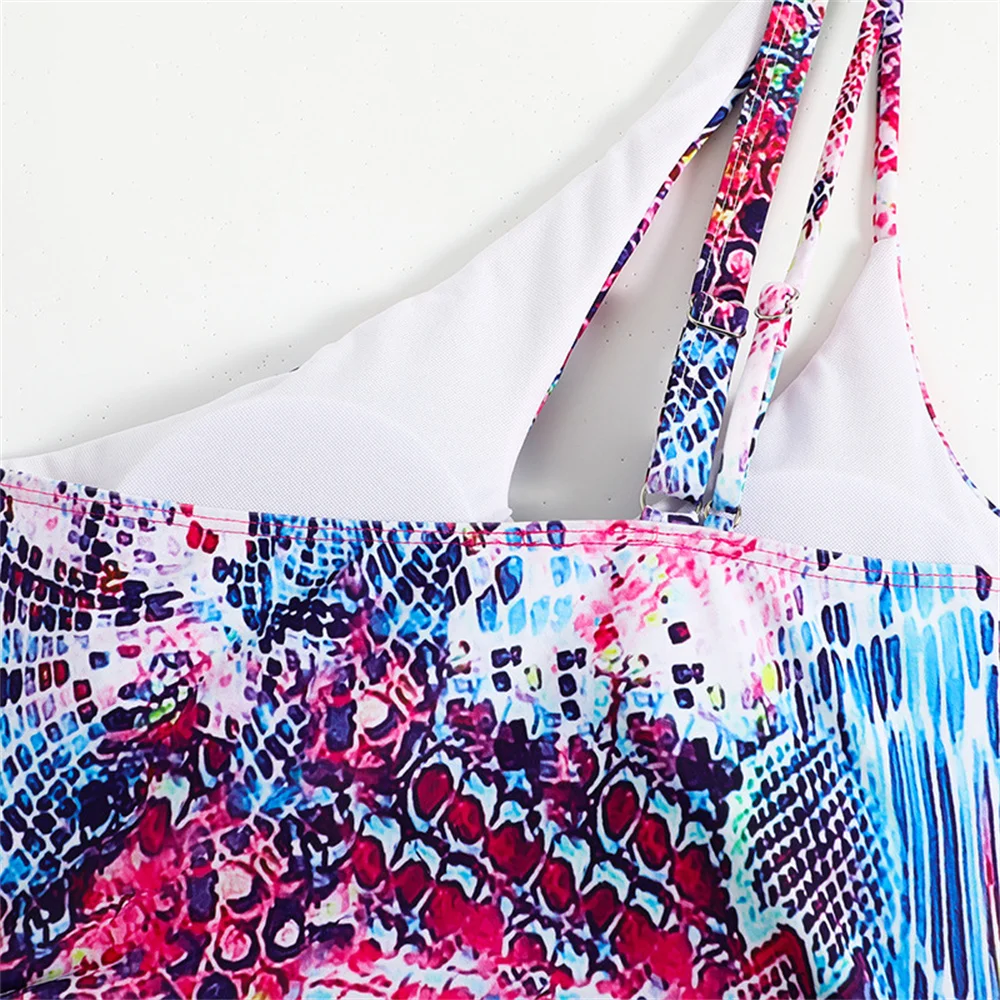 Multicolor Printed Bikini Single-shoulder Vacation Swimsuit Women One-piece Graffiti Y2K Hollow Drawstring Swimwear Beach Outfit