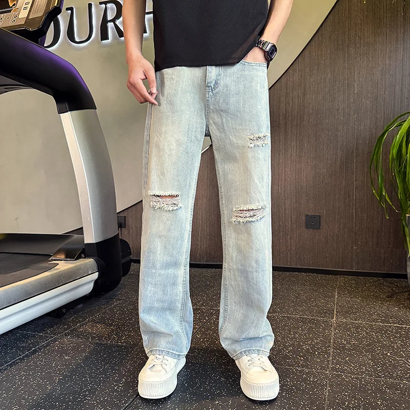 2025 quatro estações moda masculina lavada vintage cor sólida buraco remendado casual na moda solta calças jeans retas masculino jean