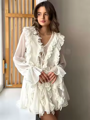 Tossy White Chiffon Ruffled Mini Dress For Women Patchwork See-Through Elegant Lace-Up Evening Dress Slim Female Bodycon Dress