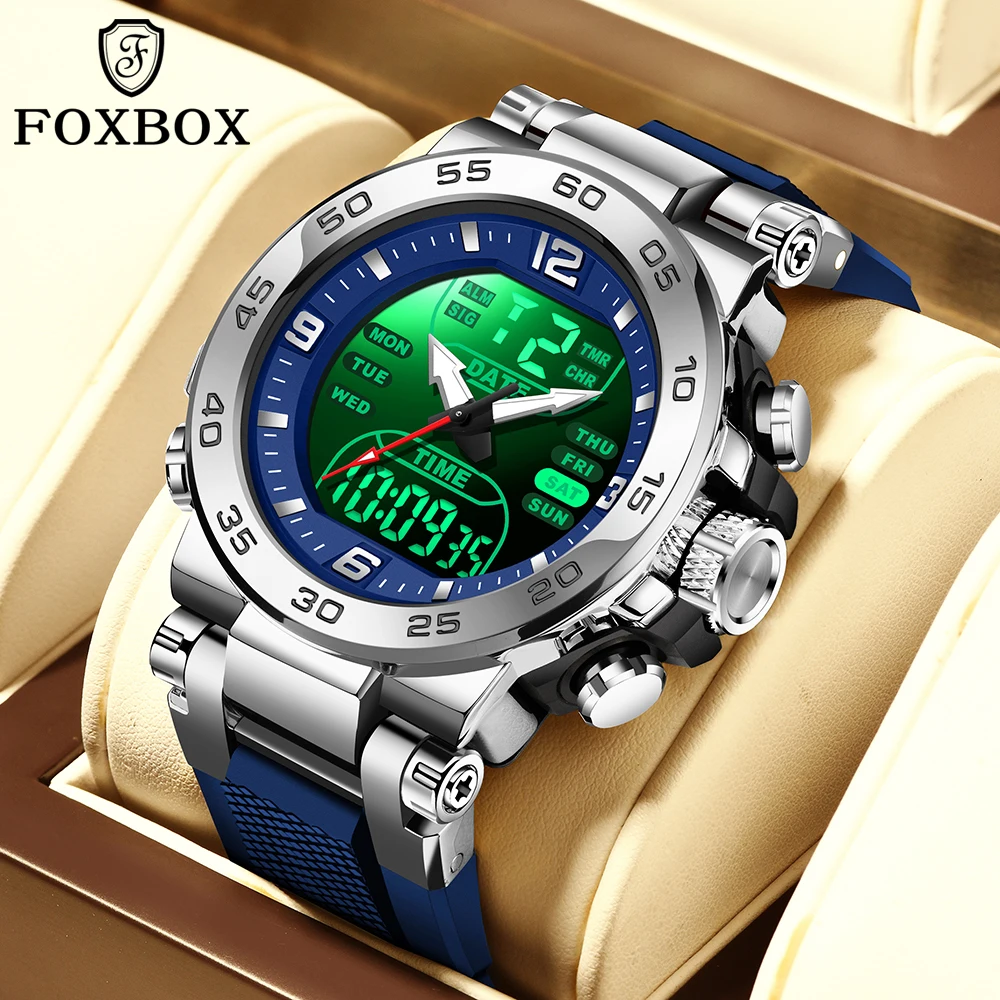 Foxbox Watch Sport LED Light Alarm Clock Dual Time Display Waterproof Alarm Clock Luminous Watch Auto Date Wristwatches Quartz