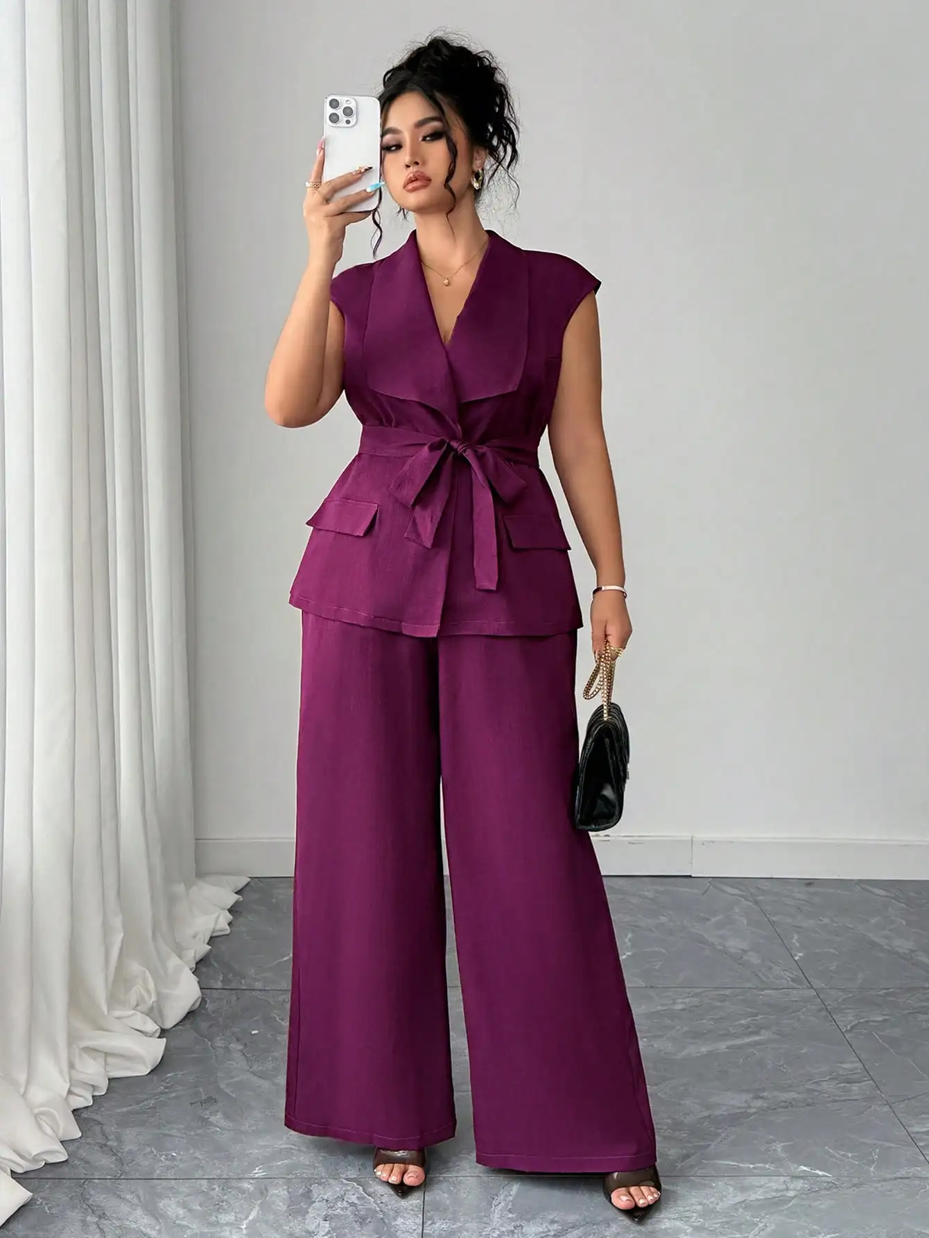 

Комплект для женщин больших размеров: блейзер с V-образным вырезом и поясом, брюки с широкими штанинами, элегантный повседневный наряд для весны и лета