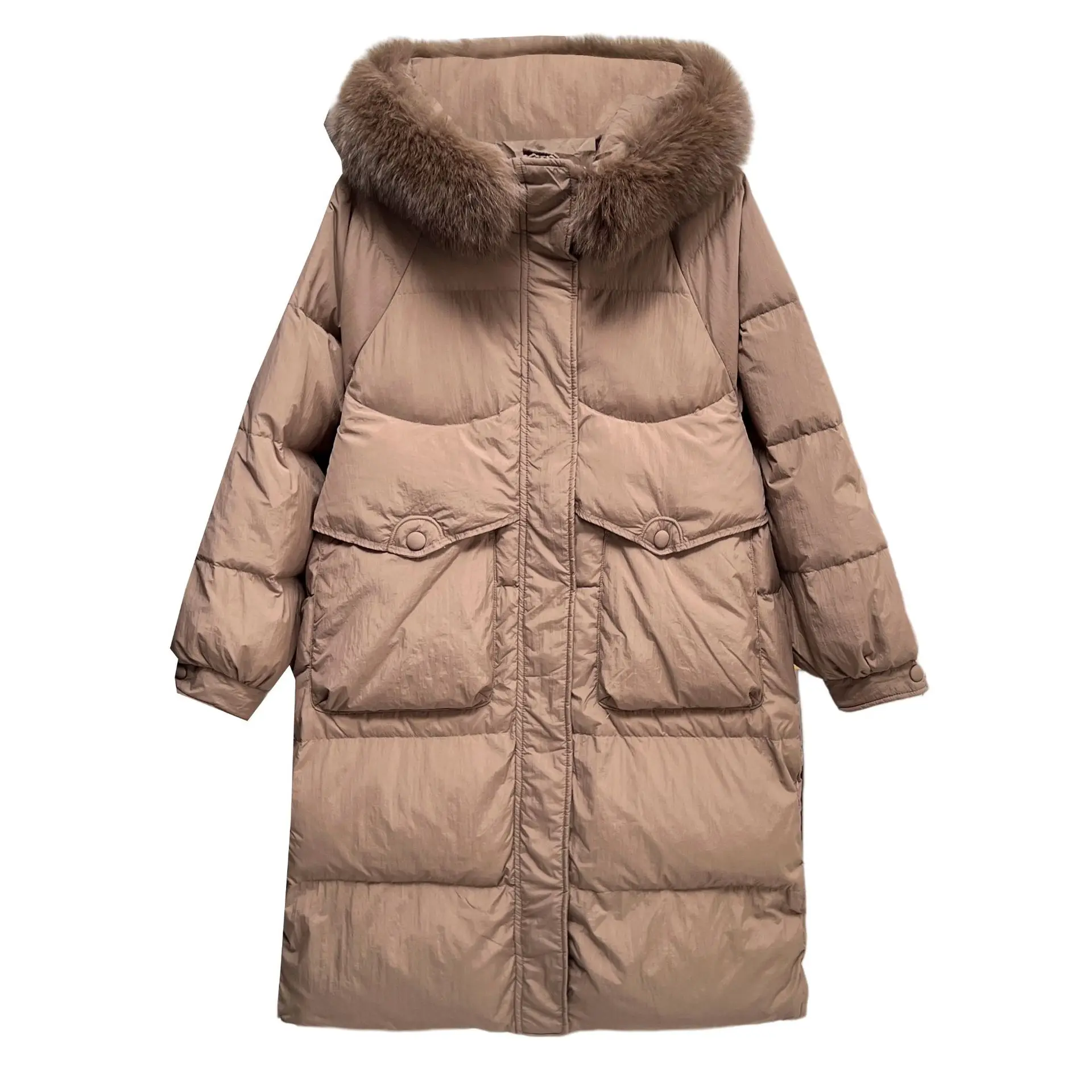 Plus Size Women Winter Down Coat Loose Thickened True Fox Fur Big Collar 50% White Down Duck x-long Warm Jacket 2781