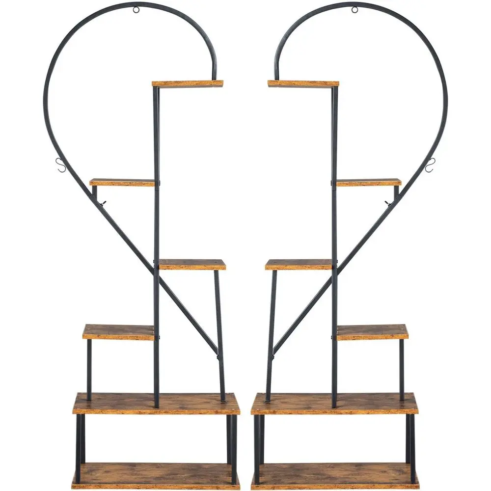 6-stufiger Halbherz-Pflanzenständer für Außenräume – schwarzes Metall und Holz, 22 B x 11 T x 66 H