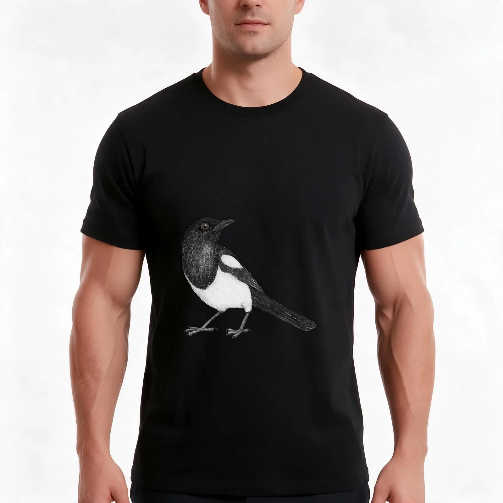 Magpie pencildrawing T-Shirt, Summer Casual Cotton Tee, Oversized Streetwear Tops, Vintage Graphic Print, Loose Fit Short Sleeve