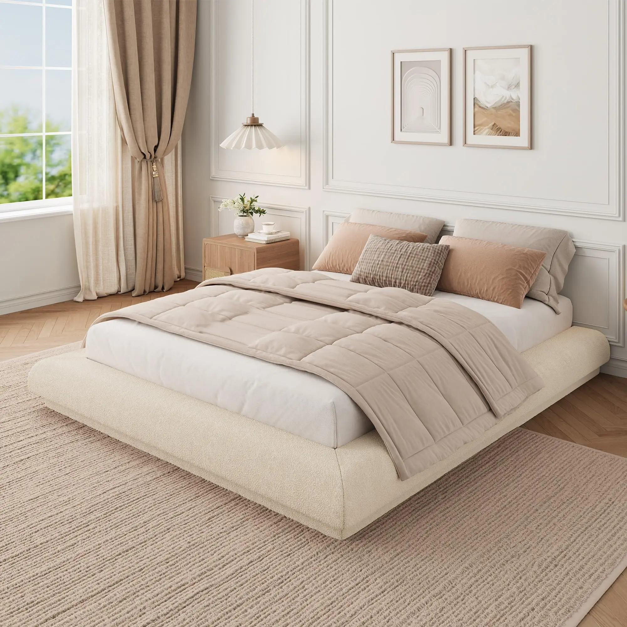 Full Queen King Cloud Platform Bed Frame, Upholstered Low Profile Floating Bed, No Box Spring Needed, Easy Assembly, Squeak-Free