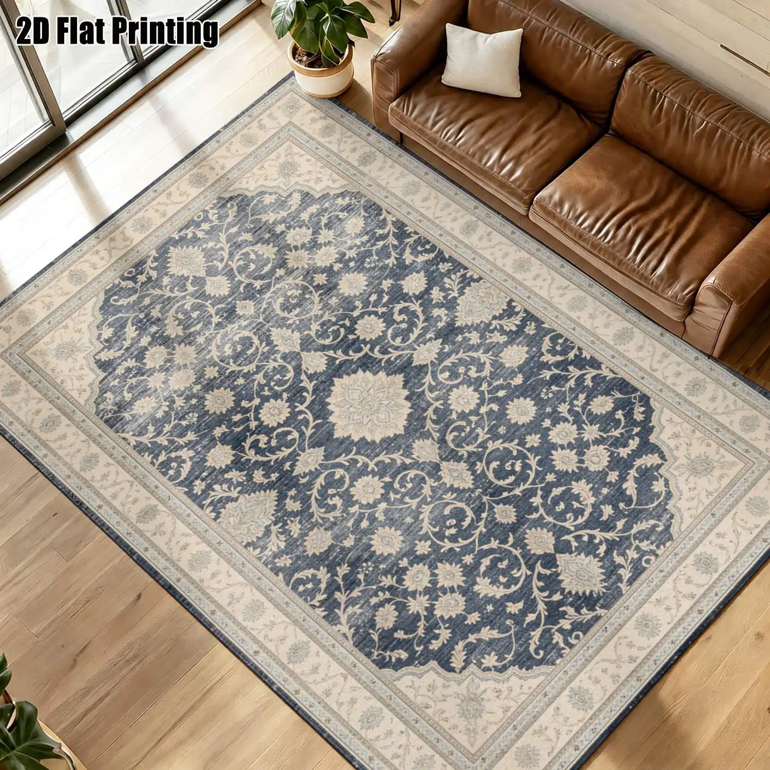 1Pc 2D Printed Retro Blue-Grey Floral Carpet European Vintage Bohemian Geometric Carpets for Home Decor, Available in Multiple Sizes, Machine Washable, Suitable for Entryway/Dining Room/Foyer/Bedroom/Living Room as a Mat/Rug.