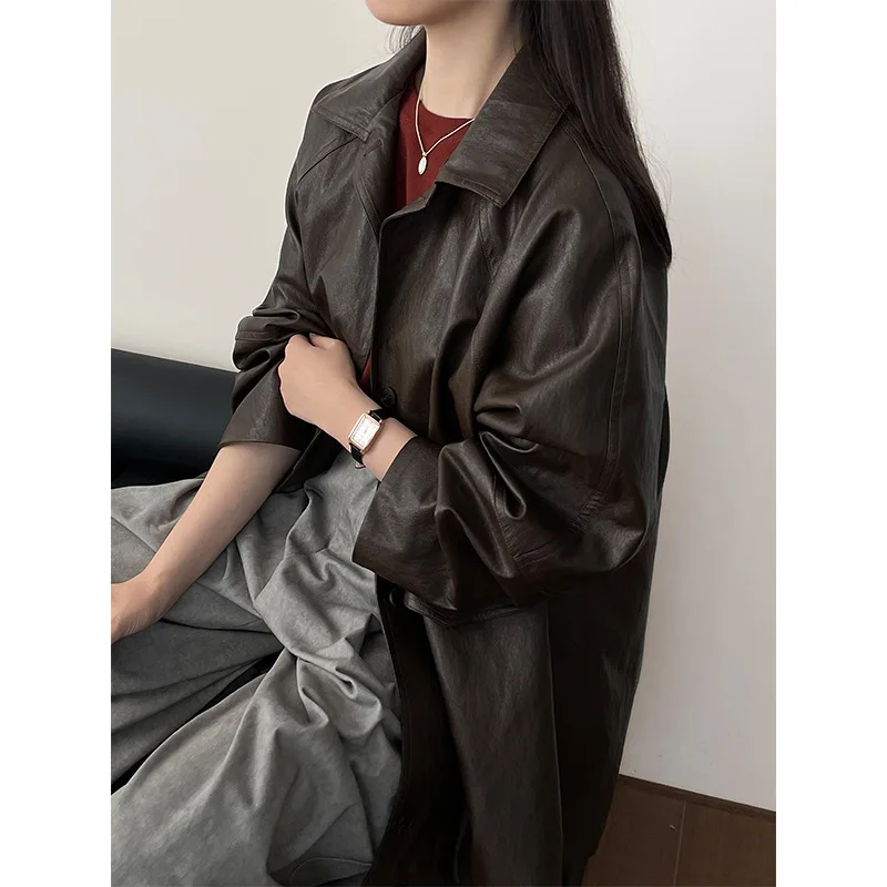 Veste en cuir PU marron vintage pour femme, revers adt, manches Leurs lan, simple boutonnage, manteau mi-long