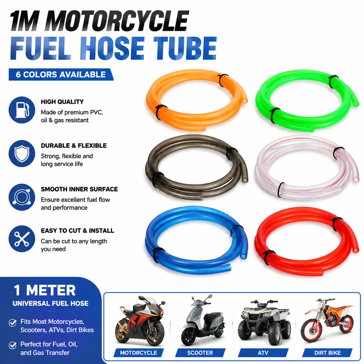 1000mm Universal Rubber Motorcycle Petrol Tap Dirt Pit Bike ATV Carburetor Hose Oil Pipe Compatible With Keihin PWK Carb