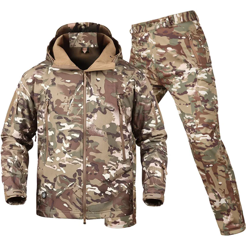 Jaqueta tática impermeável do exército e calças de carga para homens, roupas de lã, capa macia, bolso múltiplo, pele de tubarão, inverno, 2 peças