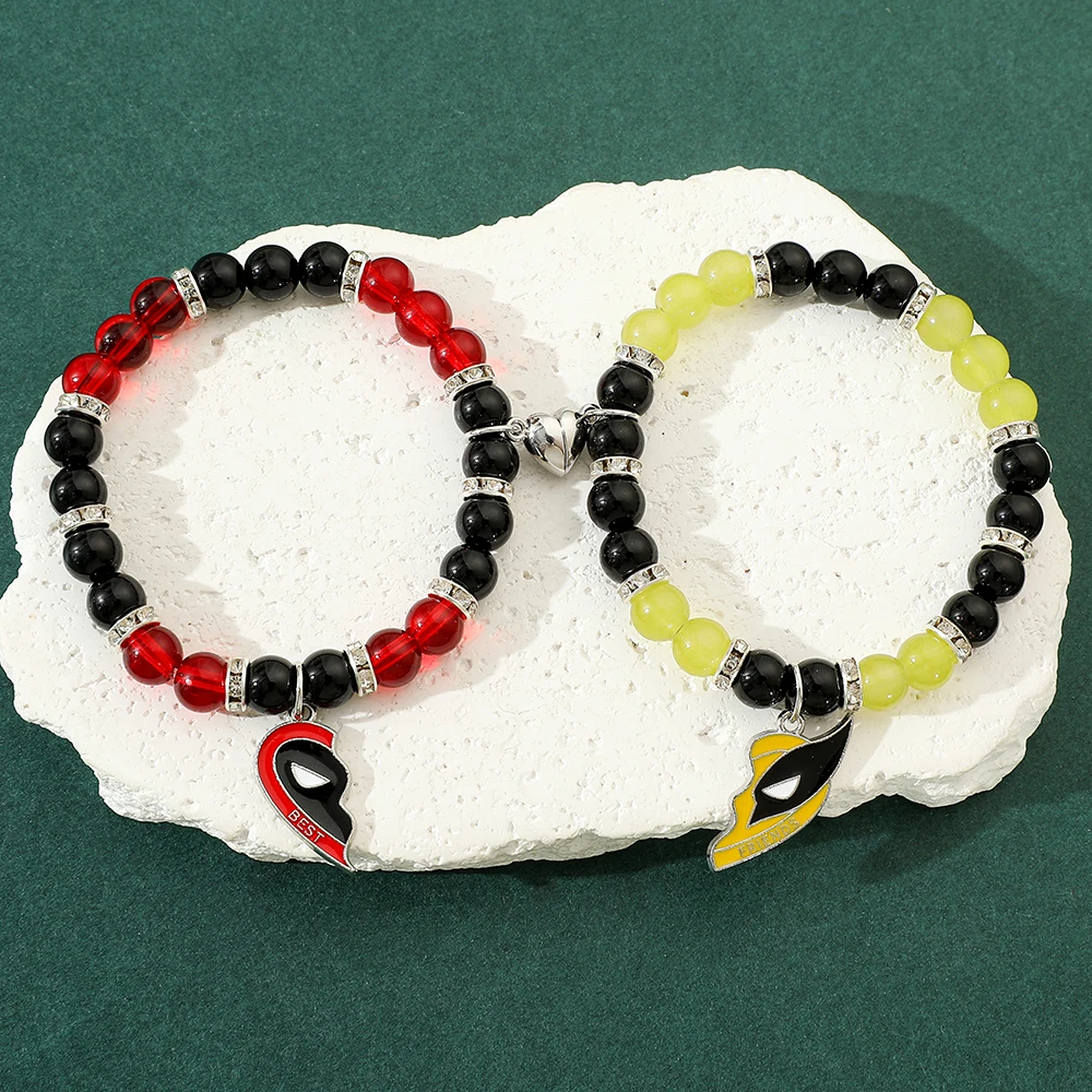 Disney Anime Deadpool 3 Wolverine Split Magnetic Red and Yellow Best Friends Love String of Beads Bracelet Fashion Jewelry Gift