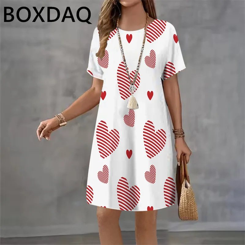 Valentine's Day Style 3D Heart Pattern Printed Dress Summer Short Sleeve O-Neck Casual Mini Dress for Women Sweet Style Dress