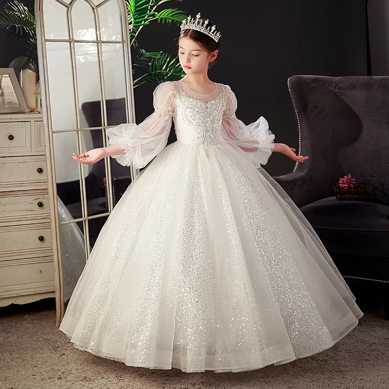 New Year Party Flower Girls Dress for Wedding Evening white Children Princess Pageant Long Gown Kids Dresses for Girls Clothes