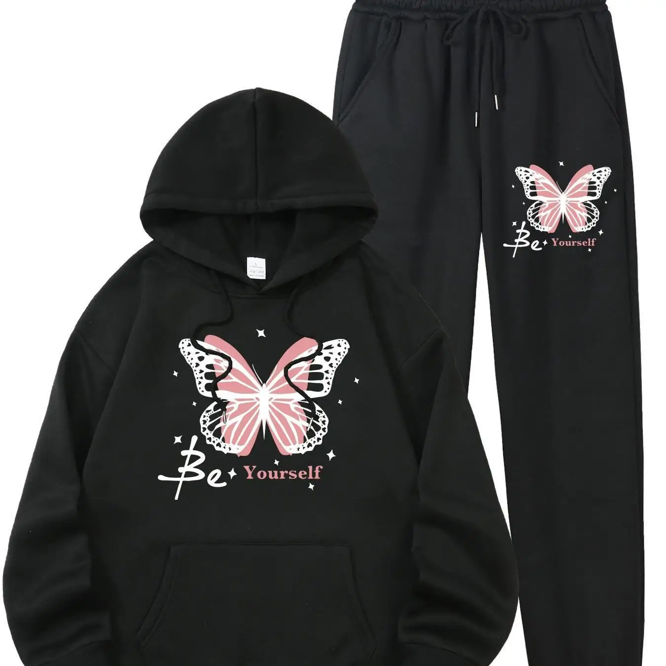 

2026Butterfly printed suit, casual long-sleeved kangaroo pocket hoodie set, casual clothing