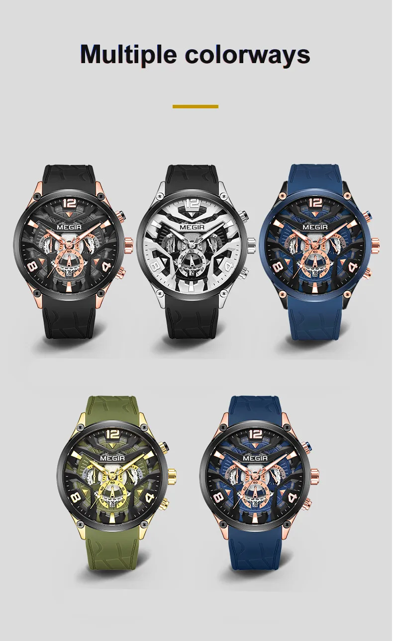 MEGIR Chronograph Men Watch Luxury Military Watches Silicone Luminous Waterproof Date Man Wristwatch Sport Reloj Hombre 2222