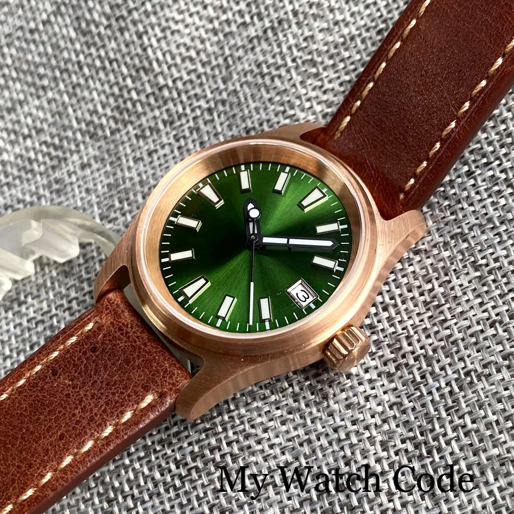 36mm Diving Pilot Real Bronze Mechanical Watch NH35A Movt Lady Men Wristwatch Sunburst Olive Green 20Bar Retro Vintage Clock