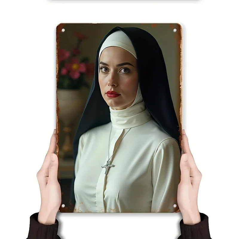 Eisen-Wandschild im Vintage-Stil – ruhiges Nonnenporträt, schwarz-weißes religiöses Kunstdekor für Wohnzimmer, Schlafzimmer, Küche,
