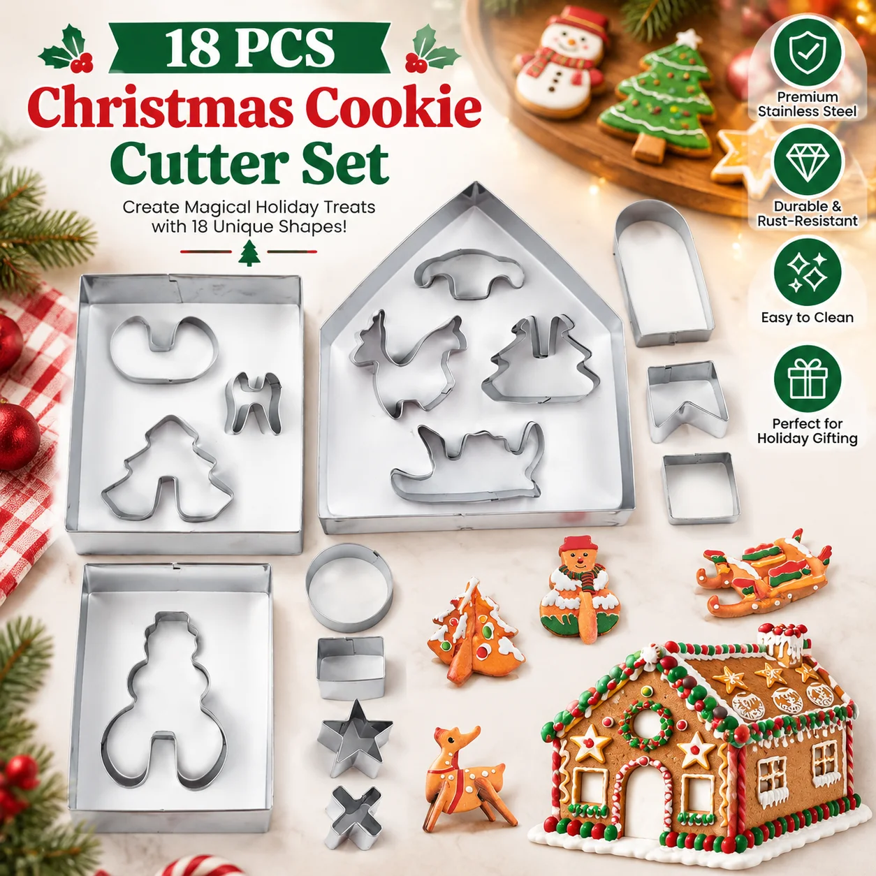 18-Piece 3D Christmas Cookie Cutter Set Gingerbread House Reindeer Xmas Holiday Baking Tool for Kids DIY Home Kitchen Pastry