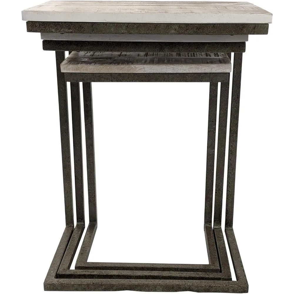 طقم طاولة متداخلة خشبية مستطيلة مع إطار من سبائك الصلب - أثاث حديث موفر للمساحة مكون من 3 قطع #6