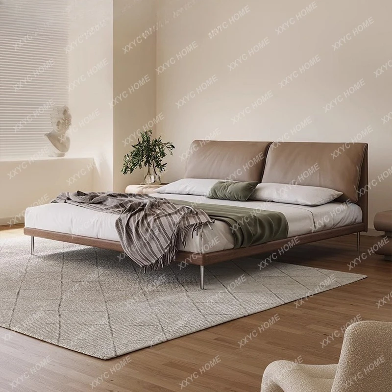 NN Elephant ear leather bed It minimalist master bedroom bed retro solid wood soft bag bed modern minimalist flush edge