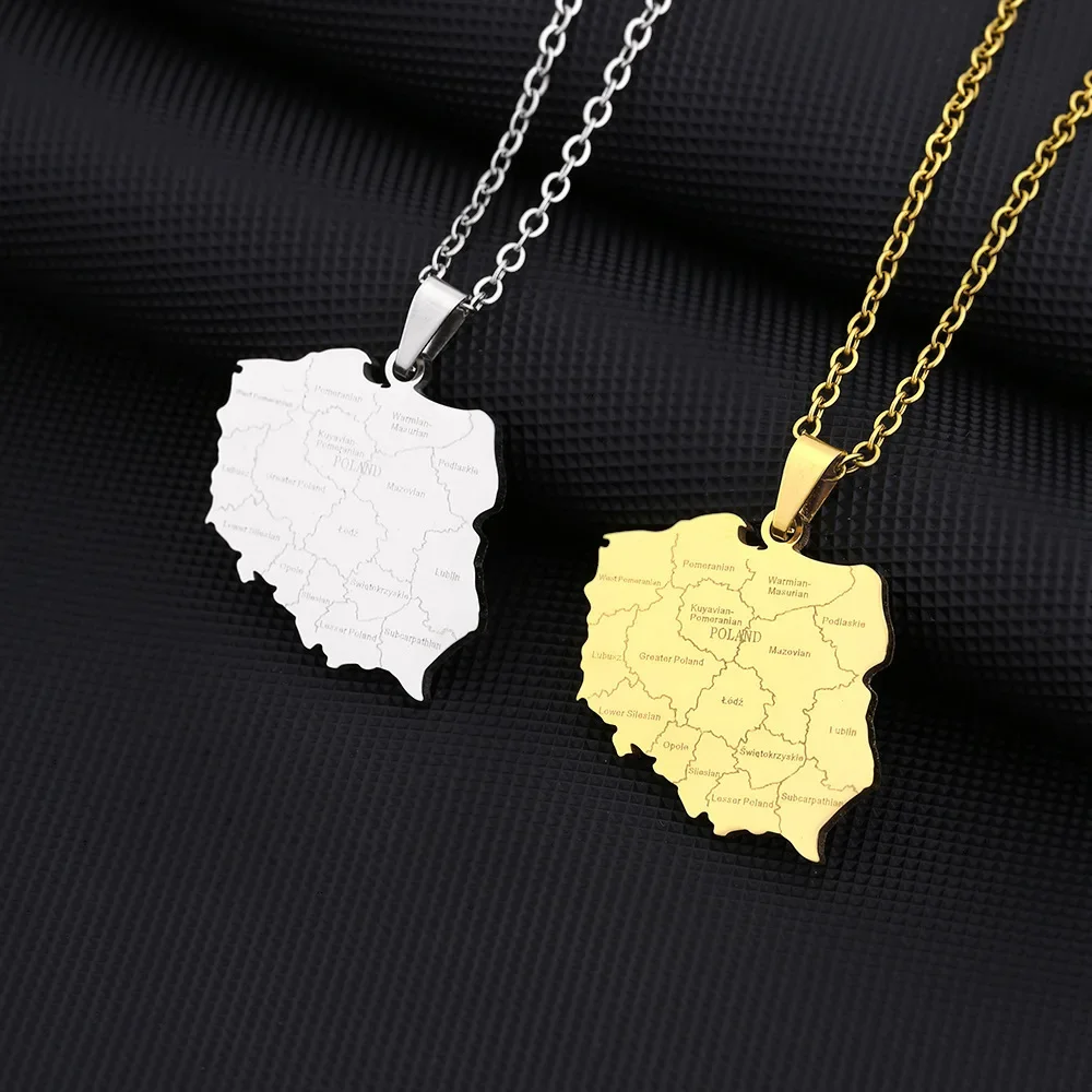 Europe, America Stainless Steel Poland Map and City Pendant Necklace Men and Women Couples Fashion Trend Titanium Steel Cross-bo