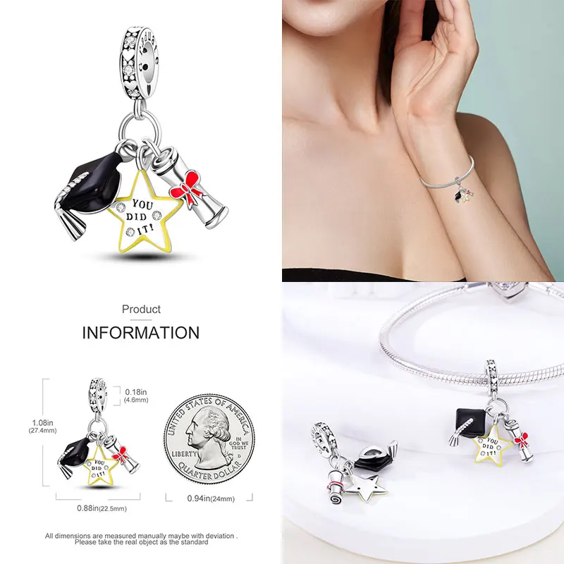 Fit Charms For Pandora Original Bracelets Graduation Season Bachelor Hat Owl 100% 925 Silver Jewelry Making For Women Gift