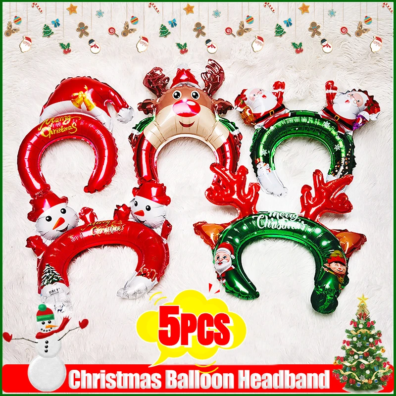 1/5pcs Kids Christmas Inflatable Balloon Headband Headdress Cartoon Santa Claus Elk Pattern Decorative Gifts for Holiday Scenes