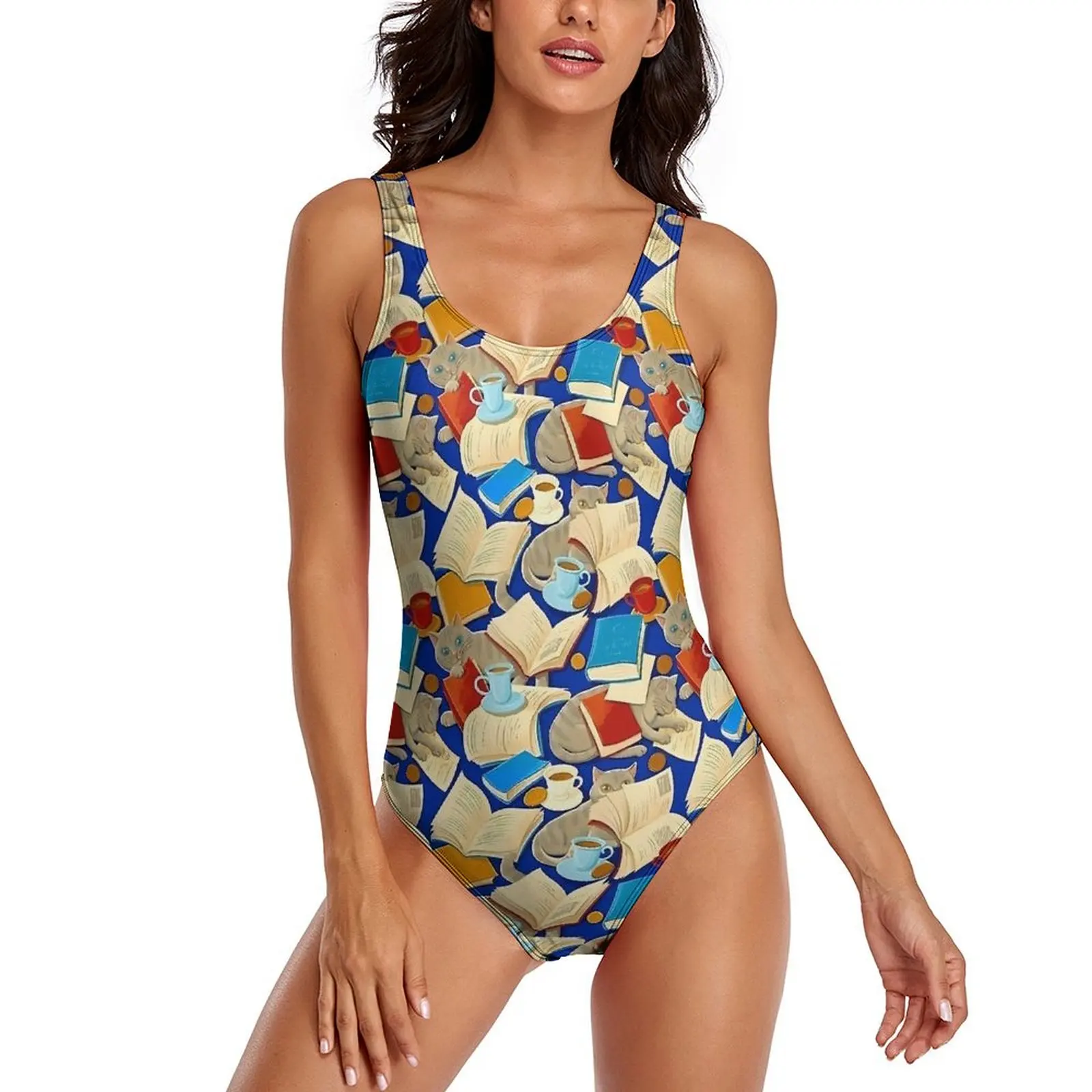 Library Cat Swimsuit Cats and Books Push Up Swimwear One Piece Holiday Bathing Suits Bodysuit Sexy Printed Beachwear Plus Size