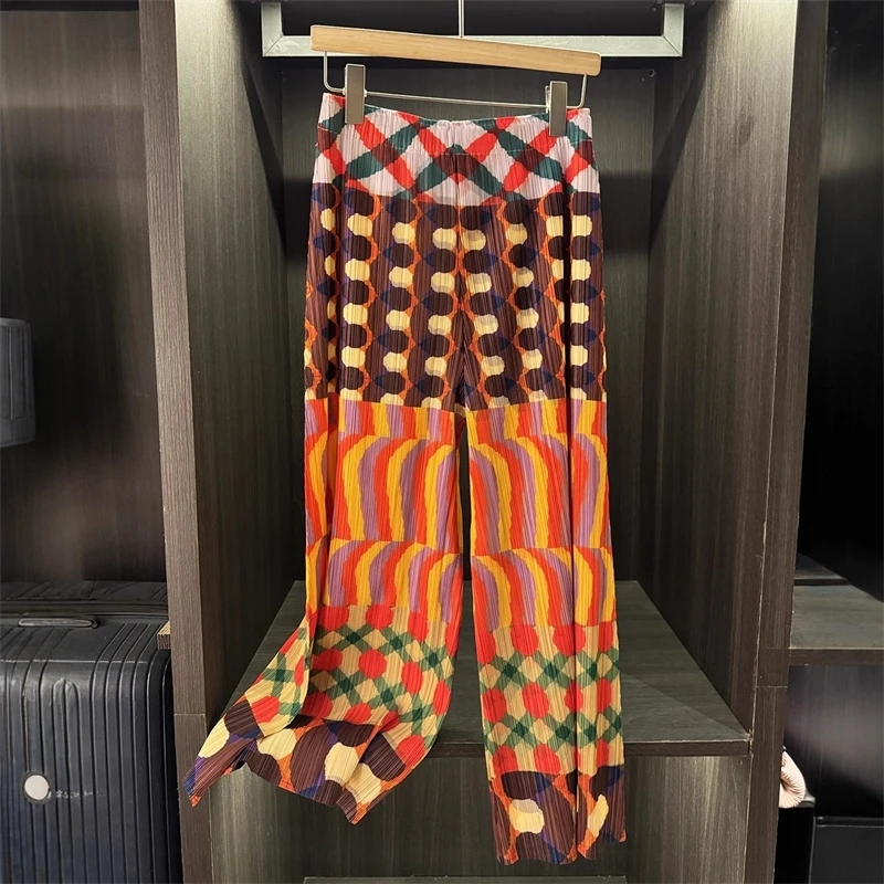 

Женские плиссированные широкие брюки с геометрическим принтом - свободный крой в стиле ретро с высокой талией для повседневной моды, женские брюки
