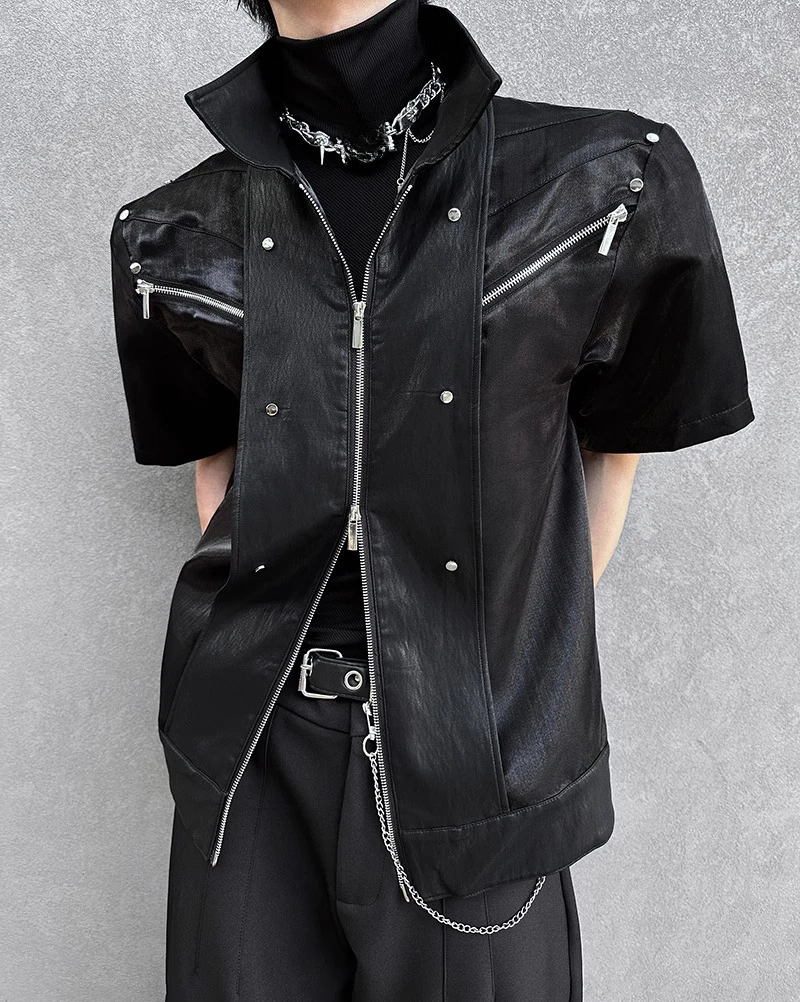 Trendy Jackets Men's 2025 Summer New Multi Zipper Decoration Jackets Men's High Street Fashion Handsome Lapel Short Sleeve Tops